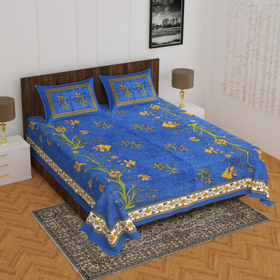 E ELMA Cotton Double Flat 144 TC Floral Bedsheet(Pack of 1, Blue)