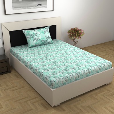 Divine Casa 144 TC Cotton Single Floral Flat Bedsheet(Pack of 1, Beach Glass)