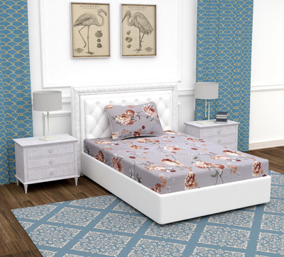 BEVI 280 TC Microfiber Single Floral Flat Bedsheet(Pack of 1, Grey)