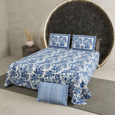 RJ Cotton King Flat 210 TC Printed Bedsheet(Pack of 1, Blue-Pri-bedsheet)