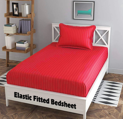 EVAHOME Cotton Single Fitted (Elastic) 300 TC Striped Bedsheet(Pack of 1, Red)