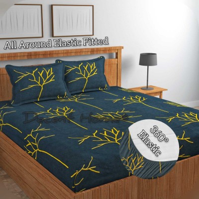 Decent Home 240 TC Cotton Double Floral Fitted (Elastic) Bedsheet(Pack of 1, Blue)