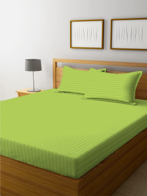 WUSA 210 TC Satin Double Striped Fitted (Elastic) Bedsheet(Pack of 1, Green)