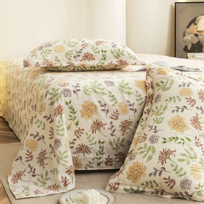 Story@home Satin King Flat 300 TC Floral Bedsheet(Pack of 1, Off White, Yellow)