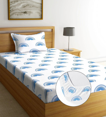 Moonroof Cotton Single Fitted (Elastic) 240 TC Printed Bedsheet(Pack of 1, White, Blue_Sunflower)