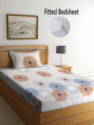 Fabinaliv 210 TC Polycotton Queen Floral Fitted (Elastic) Bedsheet(Pack of 1, Beige)