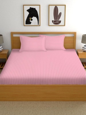 ETZA 210 TC Satin Double Striped Fitted (Elastic) Bedsheet(Pack of 1, Pink)