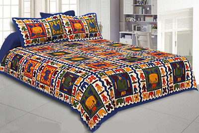 E ELMA Cotton Double Flat 144 TC Jaipuri Prints Bedsheet(Pack of 1, Blue)