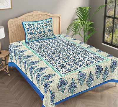 BOMBAY SPEED 280 TC Cotton Single Floral Flat Bedsheet(Pack of 1, Blue)