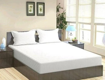 CLOVIS KRAFTS Satin King Fitted (Elastic) 300 TC Striped Bedsheet(Pack of 1, White)