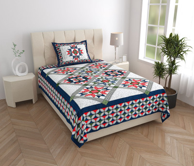 Rajasthani Traditional Cotton Single Flat 300 TC Striped Bedsheet(Pack of 1, Blue, Red)