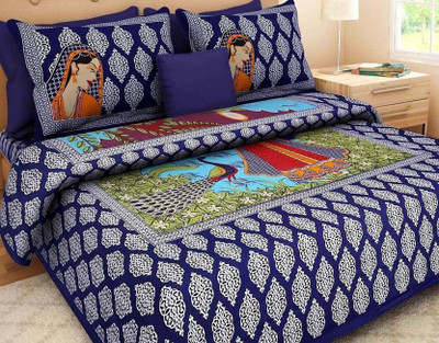 TULSI IMPEX 144 TC Cotton Double Jaipuri Prints Flat Bedsheet(Pack of 1, Navy Blue)