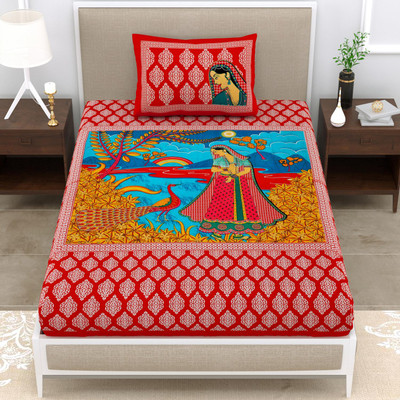 Rangun 120 TC Cotton Single Jaipuri Prints Flat Bedsheet(Pack of 1, Red)