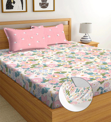 Crafteal 244 TC Cotton King Printed Fitted (Elastic) Bedsheet(Pack of 1, Multicolor)