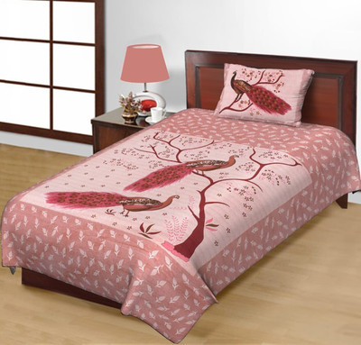 BEDOPS 140 TC Cotton Single Jaipuri Prints Flat Bedsheet(Pack of 1, Pink)