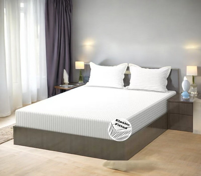 HOMYBEES 300 TC Cotton Double Abstract Fitted (Elastic) Bedsheet(Pack of 1, White)