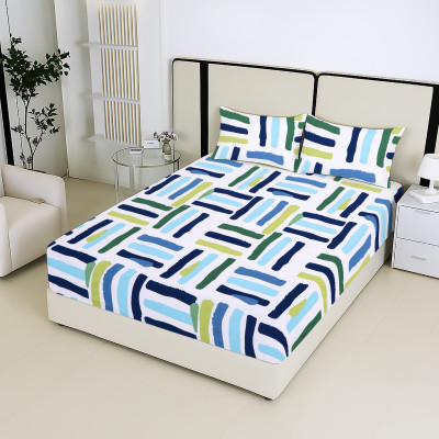 Tarrain Cotton King Fitted (Elastic) 220 TC Abstract Bedsheet(Pack of 1, Light Blue)