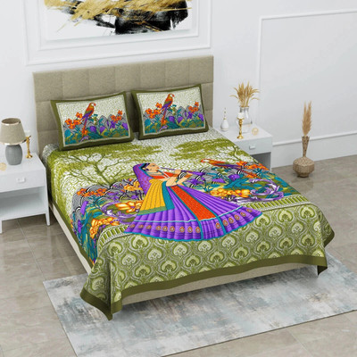 Poorak 104 TC Cotton Double Jaipuri Prints Flat Bedsheet(Pack of 1, Green)