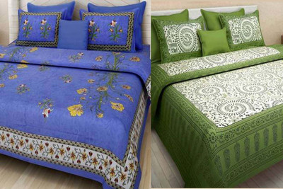 KANDY SHOP Cotton Double Flat 240 TC Jaipuri Prints Bedsheet(Pack of 2, Dark Blue, Light Blue)