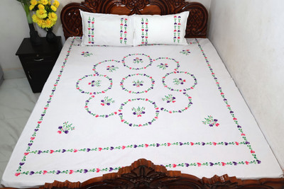 NASREEN FASHION Cotton Super King Flat 300 TC Embroidered Bedsheet(Pack of 1, White)