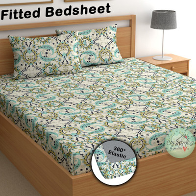 CG Homes Cotton Double Fitted (Elastic) 180 TC Printed Bedsheet(Pack of 1, Sky Blue & Yellow)