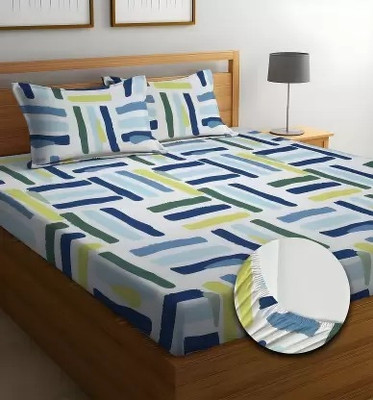 LX LOYREX 250 TC Cotton Double Printed Fitted (Elastic) Bedsheet(Pack of 1, White)