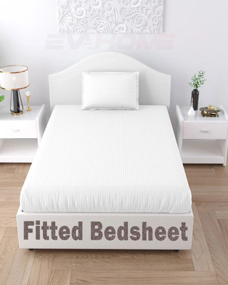 EVAHOME 300 TC Cotton Single Striped Fitted (Elastic) Bedsheet(Pack of 1, White)
