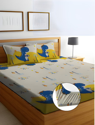 RARE BIRD 210 TC Cotton King Printed Fitted (Elastic) Bedsheet(Pack of 1, Multicolor)