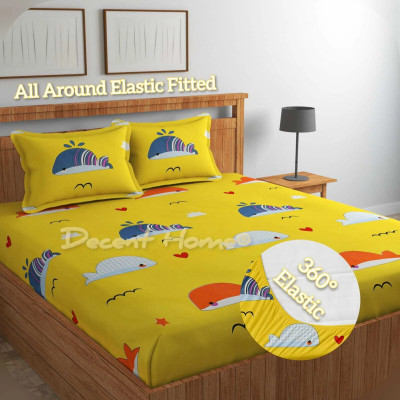 Decent Home 240 TC Cotton Double Floral Fitted (Elastic) Bedsheet(Pack of 1, Yellow)