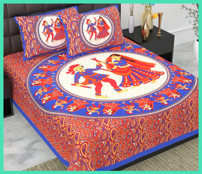 JAIPUR PRINTS Cotton Double Flat 144 TC Jaipuri Prints Bedsheet(Pack of 1, Blue)