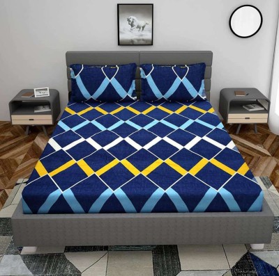 TripleV 260 TC Cotton Double Geometric Fitted (Elastic) Bedsheet(Pack of 1, Navy Boxes)