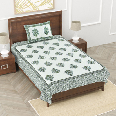 GrihSansaar Cotton Single Flat 210 TC Jaipuri Prints Bedsheet(Pack of 1, Green)