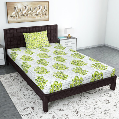 Divine Casa Cotton Single Flat 144 TC Floral Bedsheet(Pack of 1, Green tea)