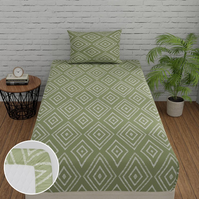 Huesland Cotton Single Fitted (Elastic) 144 TC Geometric Bedsheet(Pack of 1, Sage Green)
