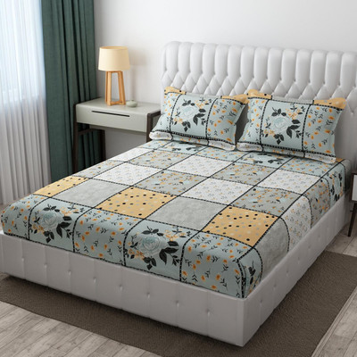 parth international Cotton Double, Queen Flat 300 TC Floral Bedsheet(Pack of 1, Light Grey)