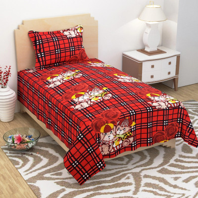 BEVI 280 TC Microfiber Single Cartoon Fitted & Flat Bedsheet(Pack of 1, Red)