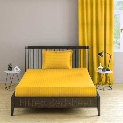 EVAN 300 TC Cotton Single Striped Fitted (Elastic) Bedsheet(Pack of 1, Yellow)
