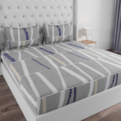 Huesland Cotton Double Flat 144 TC Printed Bedsheet(Pack of 1, Grey, Blue & White)