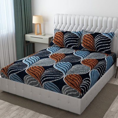 EXFAB 354 TC Woolen Double Printed Fitted (Elastic) Bedsheet(Pack of 1, Orange, Blue, Black)