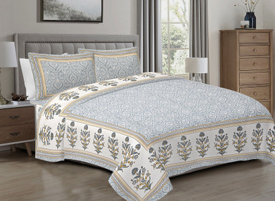 R Print Cotton Queen Flat 230 TC Floral Bedsheet(Pack of 1, Light Grey)
