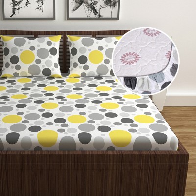Divine Casa 144 TC Cotton Double Floral Fitted (Elastic) Bedsheet(Pack of 1, Yellow Gray)