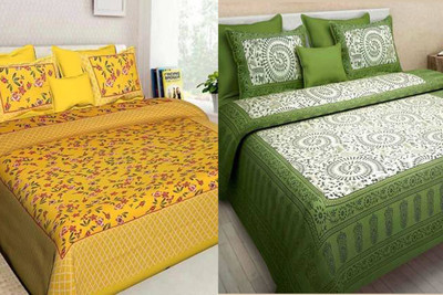 PALANG SHOBHA Cotton Double Flat 240 TC Jaipuri Prints Bedsheet(Pack of 2, Green, Yellow)