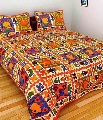 RAJDEVI JAIPUR PRINTS 228 TC Cotton King 3D Printed Flat Bedsheet(Pack of 1, Orange)
