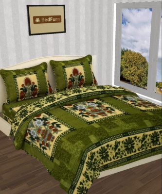 Baso 220 TC Woolen Double Floral Flat Bedsheet(Pack of 1, Green)