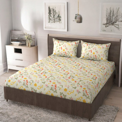 Saarvi creation Cotton, Cotton Blend Double, Queen Fitted (Elastic) 300 TC Floral Bedsheet(Pack of 1, Peach, Multicolor)