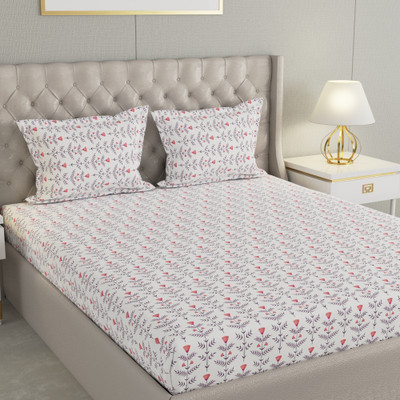 Raymond Home Cotton Double Flat 104 TC Floral Bedsheet(Pack of 1, White & Red)