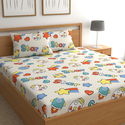 CHHAVI INDIA 210 TC Microfiber Double Printed Flat Bedsheet(Pack of 1, BEIGE MULTI)