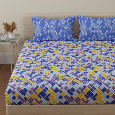 Huesland Cotton Double Flat 144 TC Printed Bedsheet(Pack of 1, Blue, Yellow & Purple)
