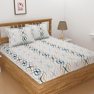 ARDM 210 TC Cotton Double, Queen Abstract Fitted (Elastic) Bedsheet(Pack of 1, White)