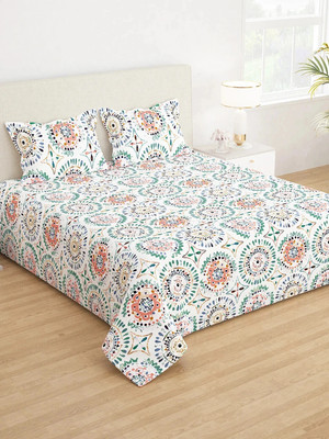 Story@home 210 TC Microfiber King Printed Flat Bedsheet(Pack of 1, White, Peach)